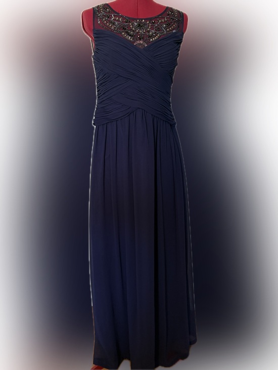 le chateau Dresses & Skirts - Le Chateau Navy Blue Ruched Chiffon Maxi Dress Beaded Illusion Neck 8